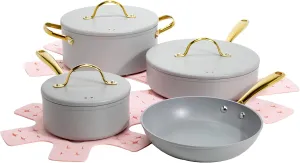 Paris Hilton Iconic Nonstick Pots and Pans Set, Multi-layer Nonstick Coating, Matching Lids With Gold Handles, Made without PFOA, Dishwasher Safe Cookware Set, 10-Piece, Light Gray