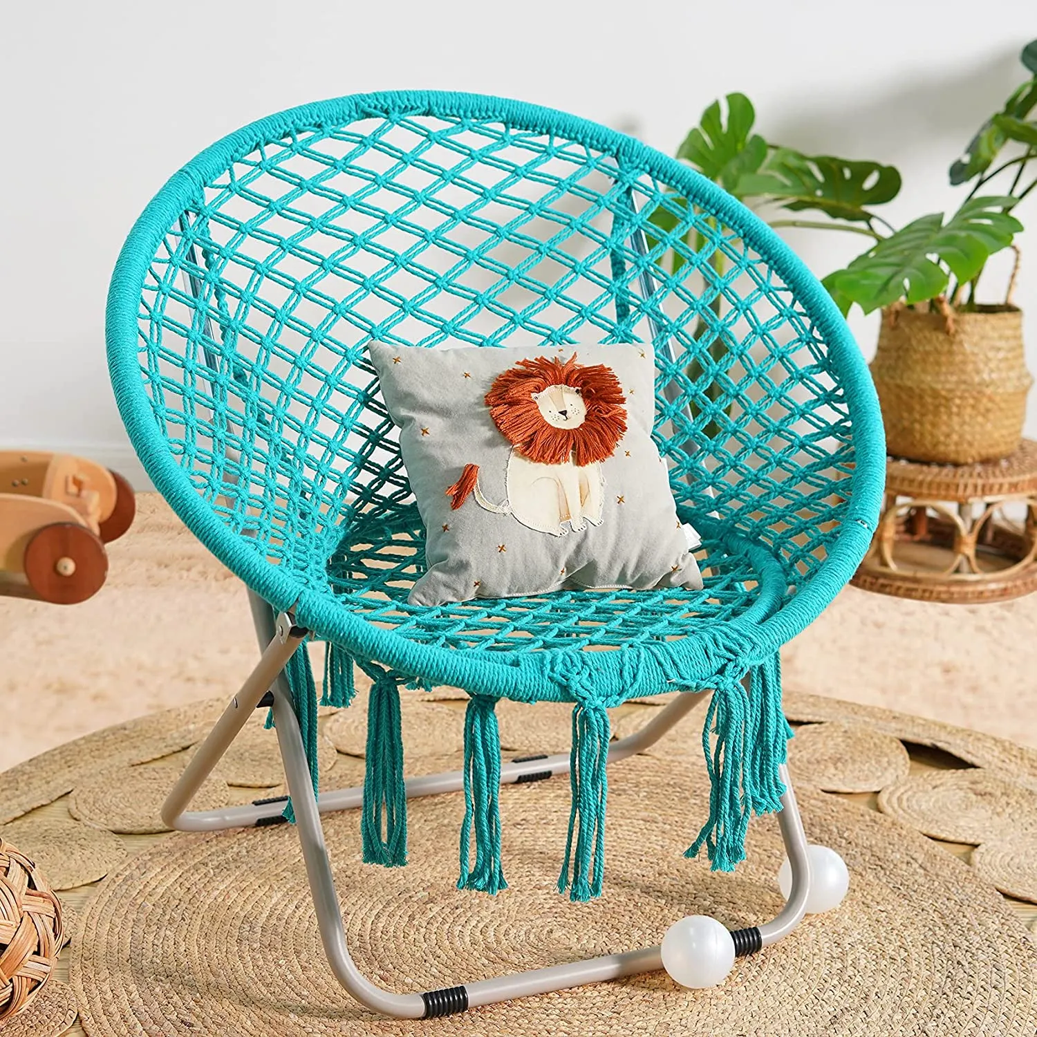 PASAMIC Saucer Chair with Folding Metal Frame, 100% Cotton Handmade Round Cozy Chairs, Exquisite Moon Chair for Bedroom, Living Room Décor Beige
