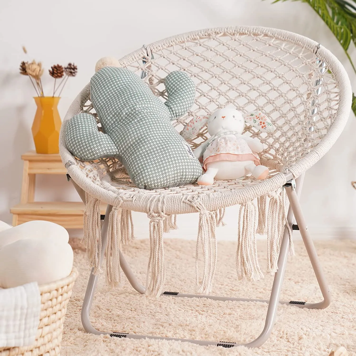 PASAMIC Saucer Chair with Folding Metal Frame, 100% Cotton Handmade Round Cozy Chairs, Exquisite Moon Chair for Bedroom, Living Room Décor Beige