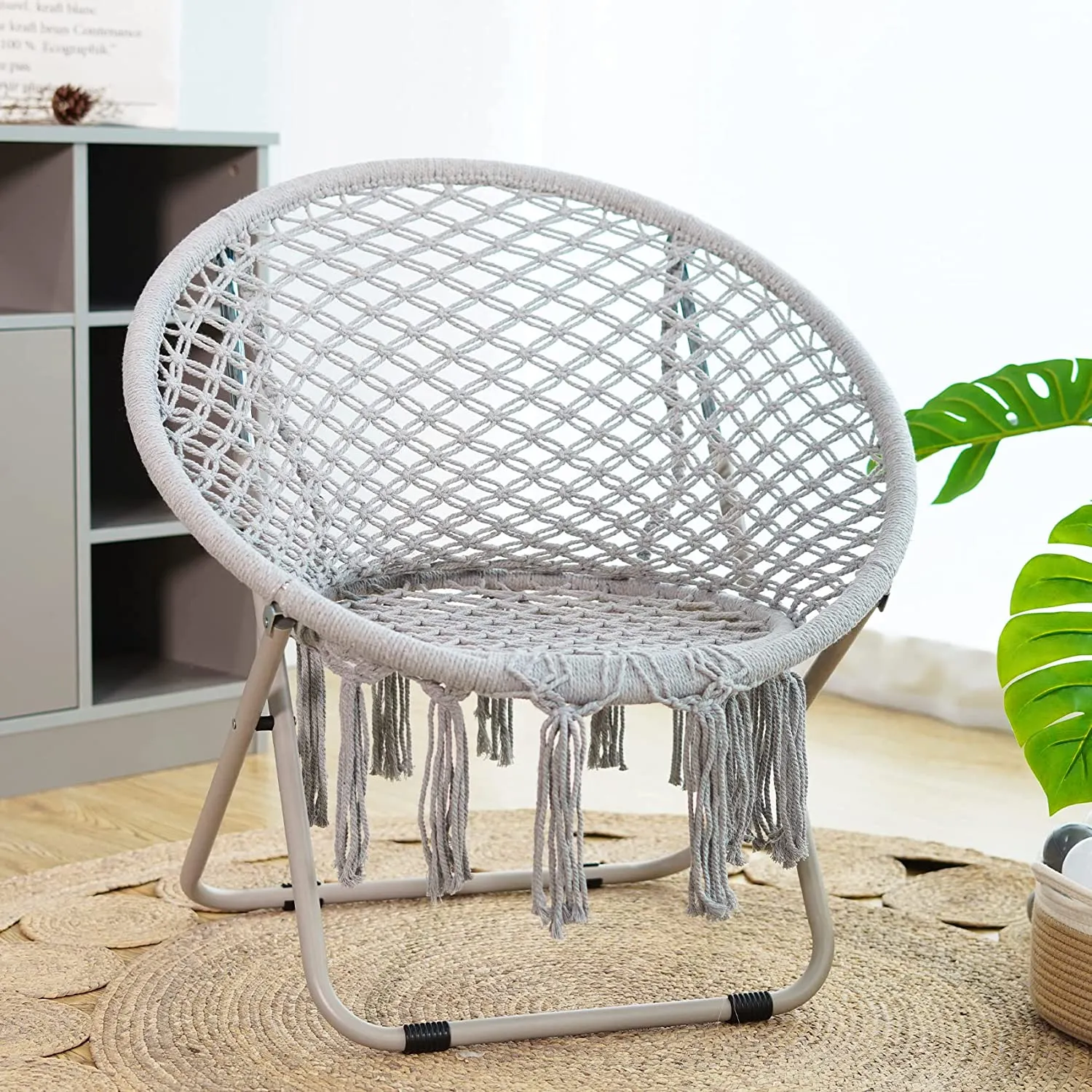 PASAMIC Saucer Chair with Folding Metal Frame, 100% Cotton Handmade Round Cozy Chairs, Exquisite Moon Chair for Bedroom, Living Room Décor Beige