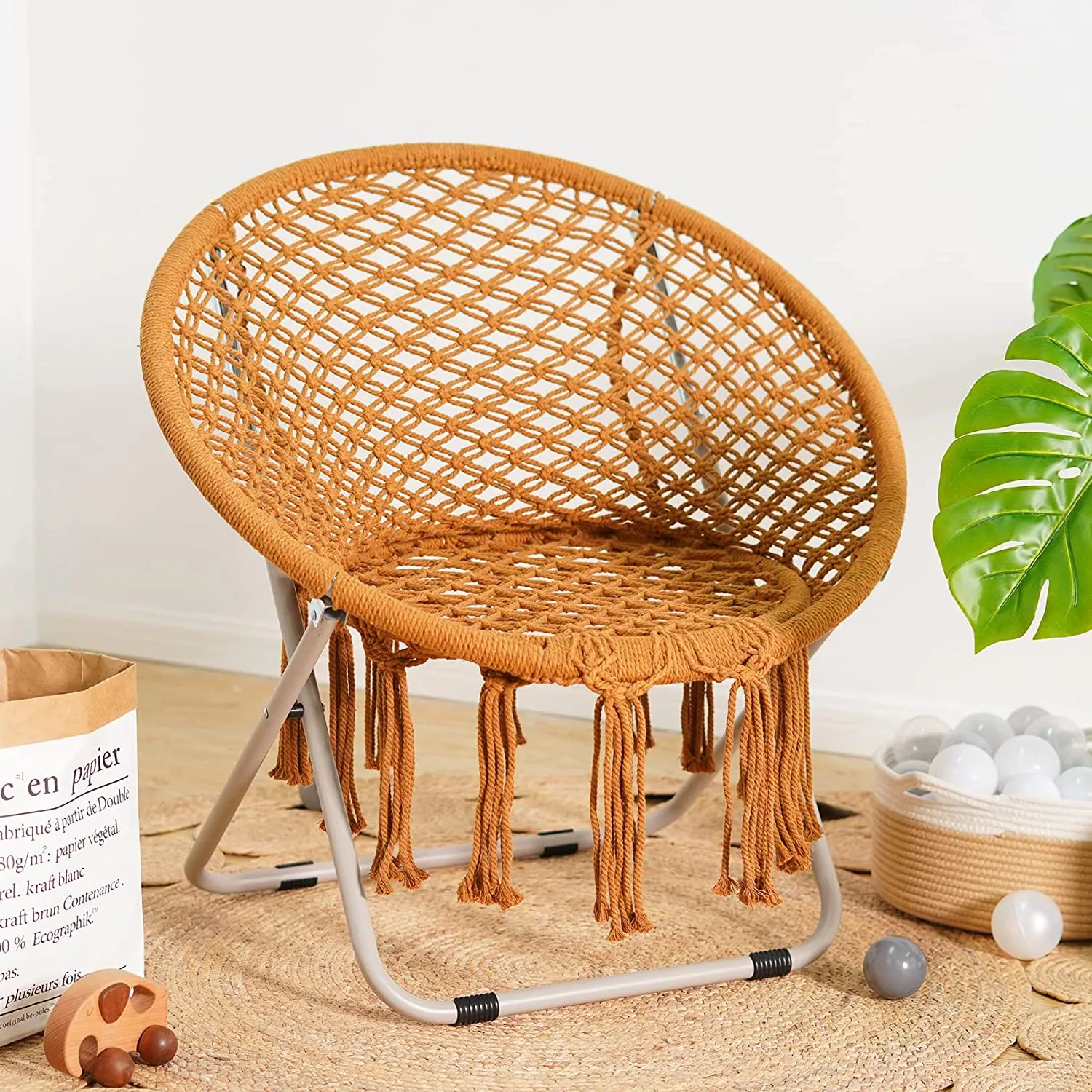 PASAMIC Saucer Chair with Folding Metal Frame, 100% Cotton Handmade Round Cozy Chairs, Exquisite Moon Chair for Bedroom, Living Room Décor Beige