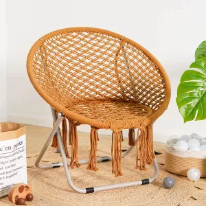 PASAMIC Saucer Chair with Folding Metal Frame, 100% Cotton Handmade Round Cozy Chairs, Exquisite Moon Chair for Bedroom, Living Room Décor Beige