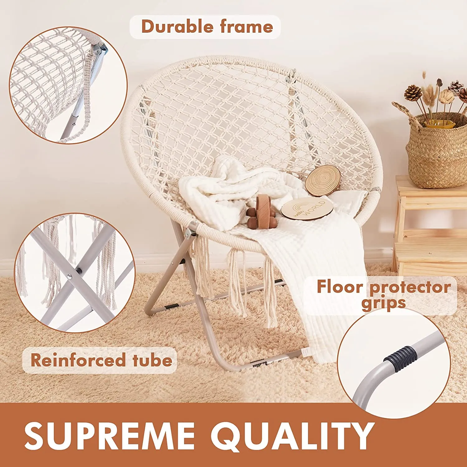 PASAMIC Saucer Chair with Folding Metal Frame, 100% Cotton Handmade Round Cozy Chairs, Exquisite Moon Chair for Bedroom, Living Room Décor Beige