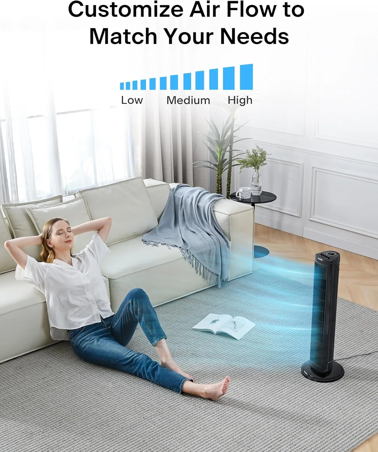 PELONIS 30 inch Tower Fan for Bedroom, Standing Fan with 3 Speeds, 90° Oscillation, Small Fan with 120-Min Auto Timer, Black