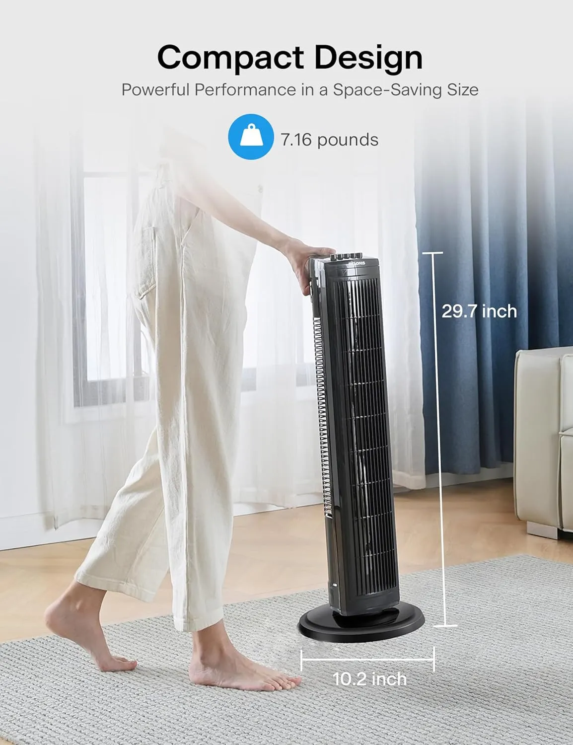 PELONIS 30 inch Tower Fan for Bedroom, Standing Fan with 3 Speeds, 90° Oscillation, Small Fan with 120-Min Auto Timer, Black