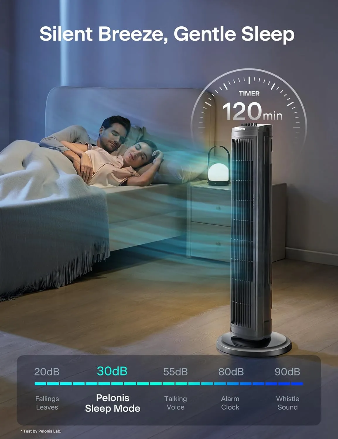 PELONIS 30 inch Tower Fan for Bedroom, Standing Fan with 3 Speeds, 90° Oscillation, Small Fan with 120-Min Auto Timer, Black