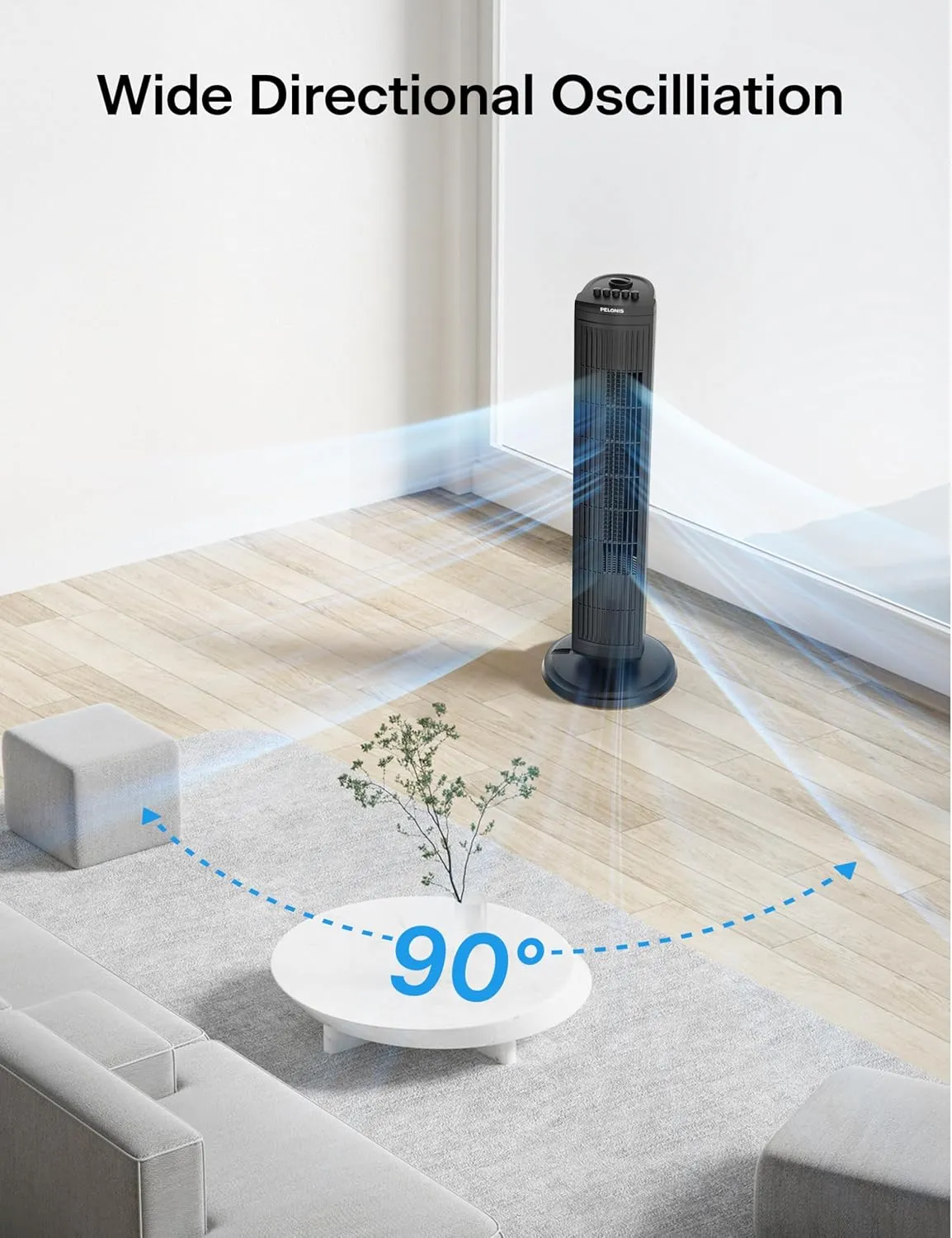 PELONIS 30 inch Tower Fan for Bedroom, Standing Fan with 3 Speeds, 90° Oscillation, Small Fan with 120-Min Auto Timer, Black
