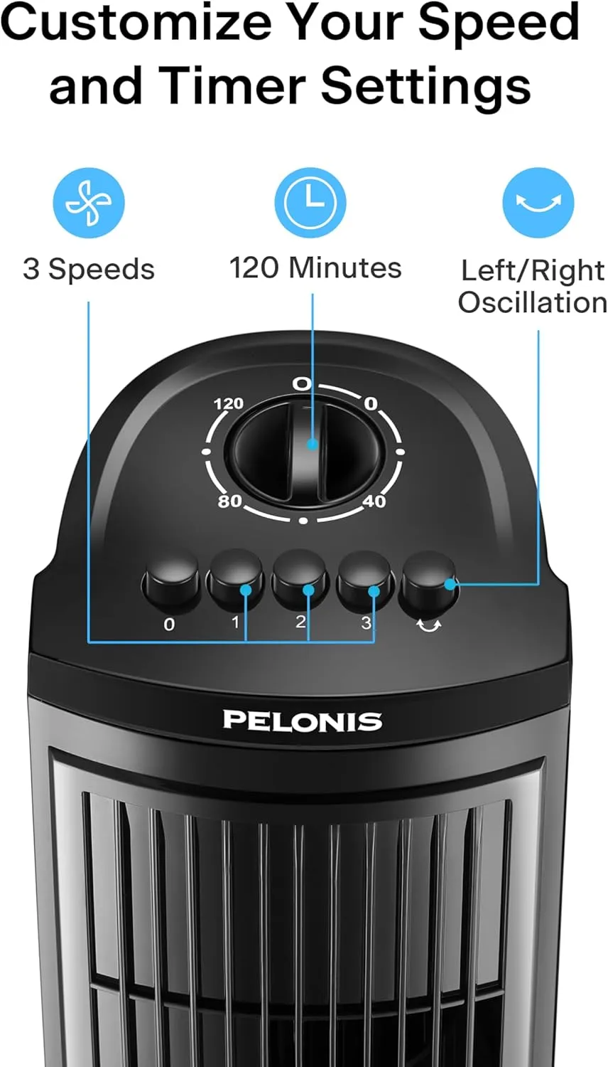PELONIS 30 inch Tower Fan for Bedroom, Standing Fan with 3 Speeds, 90° Oscillation, Small Fan with 120-Min Auto Timer, Black