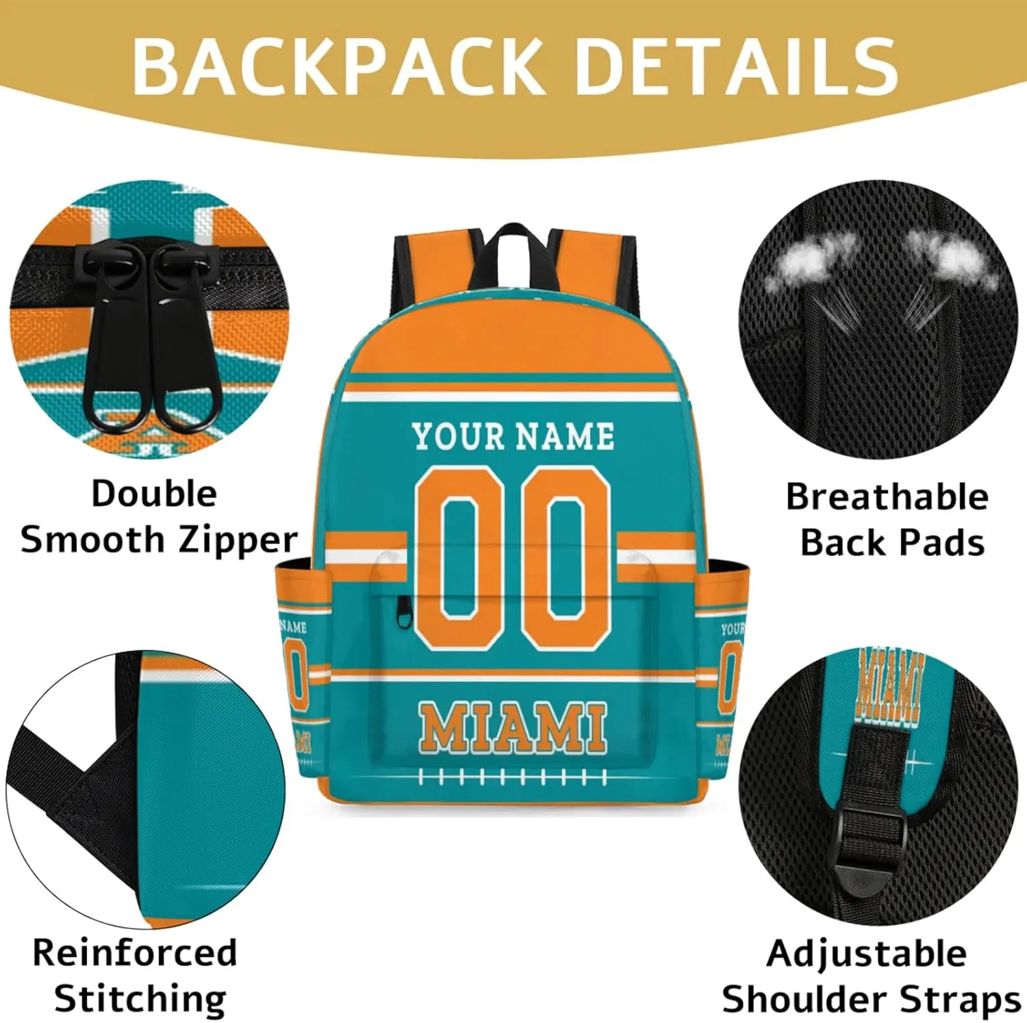 Personalized American Football Backpack Bags with Name, Rugby Custom Large Capacity Waterproof Shoulder Bags, Casual Daypack, Miami