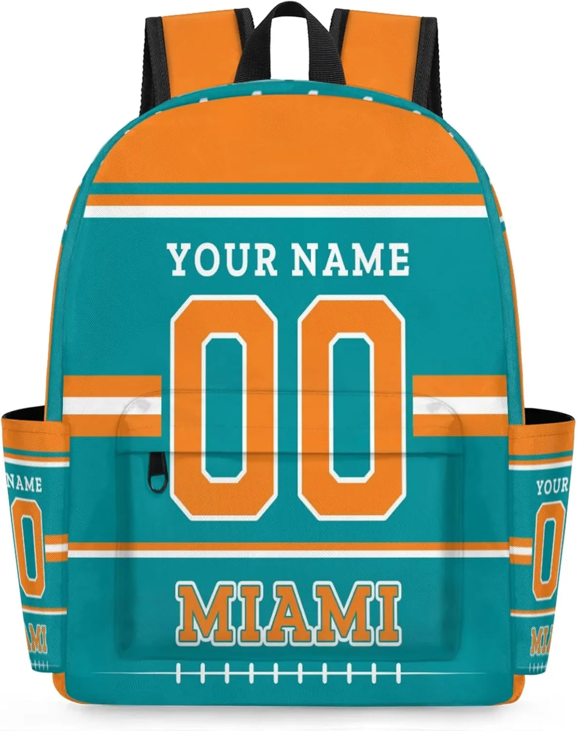 Personalized American Football Backpack Bags with Name, Rugby Custom Large Capacity Waterproof Shoulder Bags, Casual Daypack, Miami