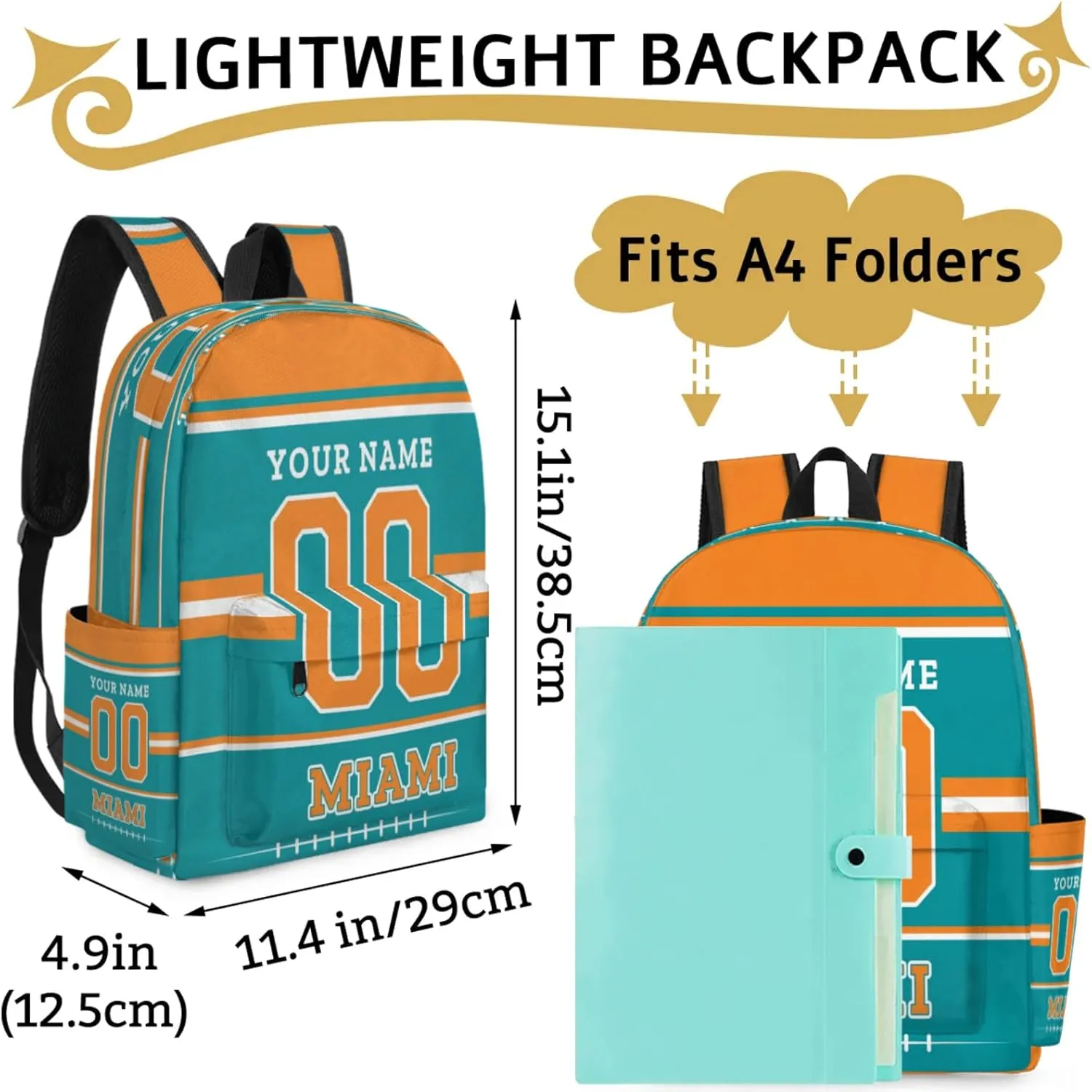 Personalized American Football Backpack Bags with Name, Rugby Custom Large Capacity Waterproof Shoulder Bags, Casual Daypack, Miami