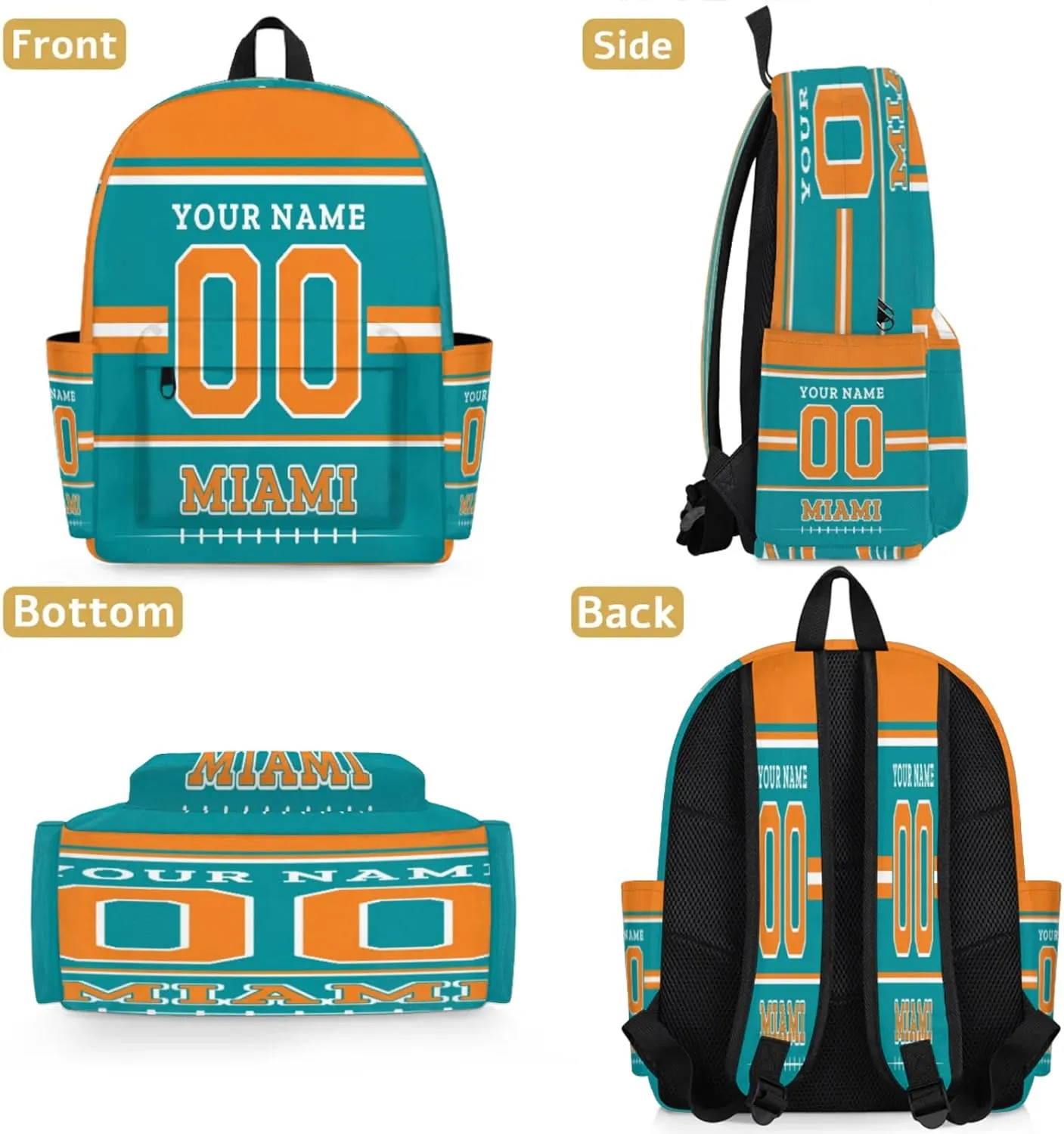 Personalized American Football Backpack Bags with Name, Rugby Custom Large Capacity Waterproof Shoulder Bags, Casual Daypack, Miami