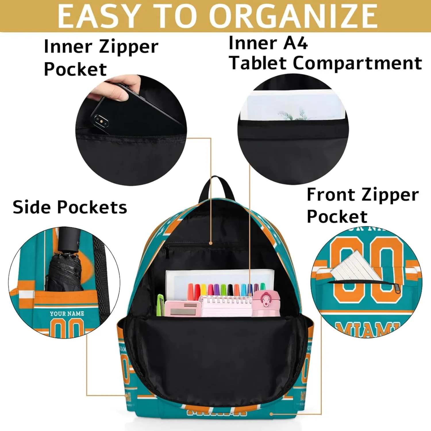 Personalized American Football Backpack Bags with Name, Rugby Custom Large Capacity Waterproof Shoulder Bags, Casual Daypack, Miami