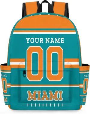 Personalized American Football Backpack Bags with Name, Rugby Custom Large Capacity Waterproof Shoulder Bags, Casual Daypack, Miami