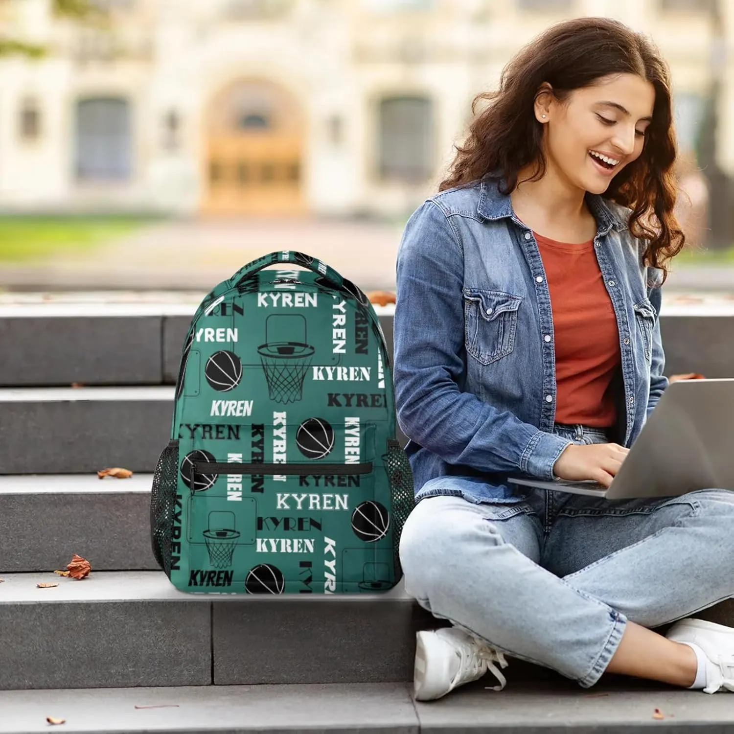 Personalized Basketball Backpack for Men Women, Custom Laptop Backpack with Name, Sports Bag Lightweight Daypack for Travel Camping, Dark Green Blue