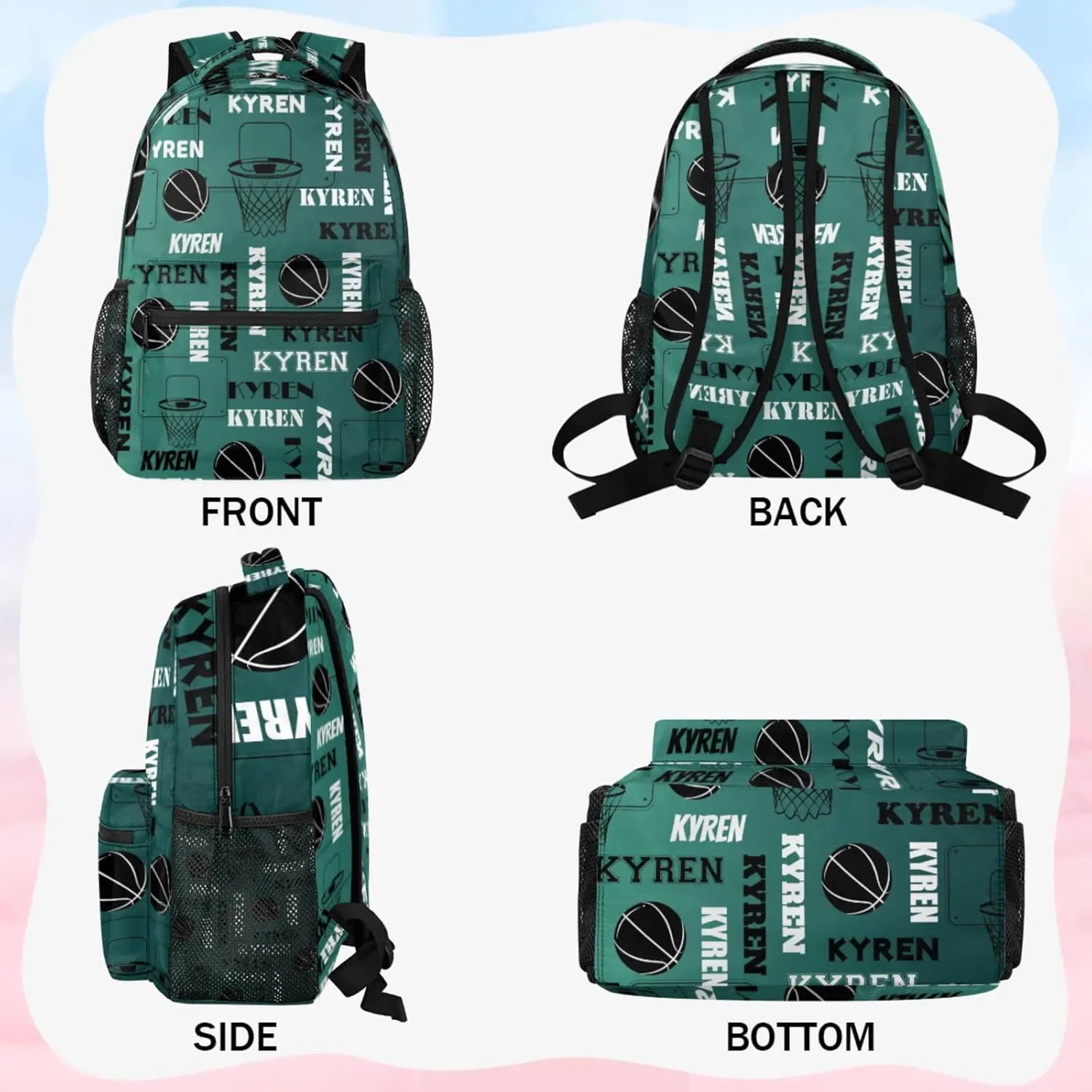 Personalized Basketball Backpack for Men Women, Custom Laptop Backpack with Name, Sports Bag Lightweight Daypack for Travel Camping, Dark Green Blue