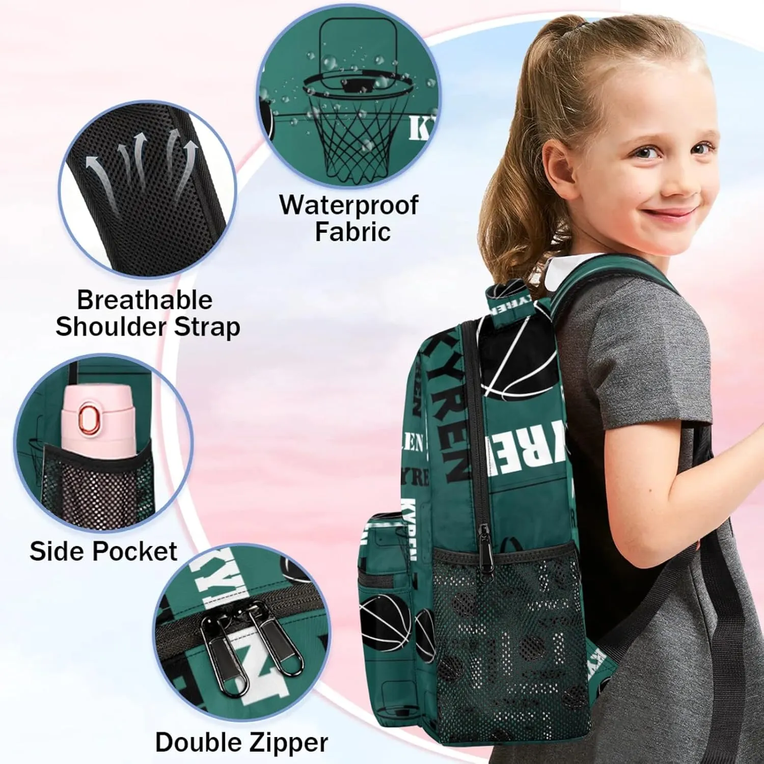 Personalized Basketball Backpack for Men Women, Custom Laptop Backpack with Name, Sports Bag Lightweight Daypack for Travel Camping, Dark Green Blue