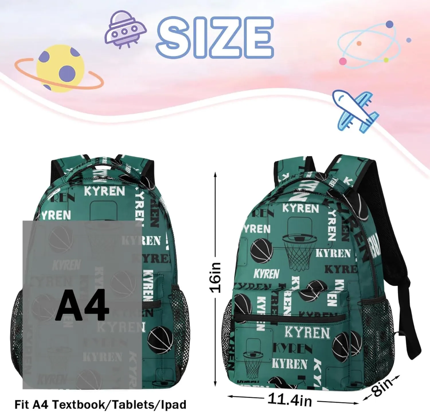 Personalized Basketball Backpack for Men Women, Custom Laptop Backpack with Name, Sports Bag Lightweight Daypack for Travel Camping, Dark Green Blue