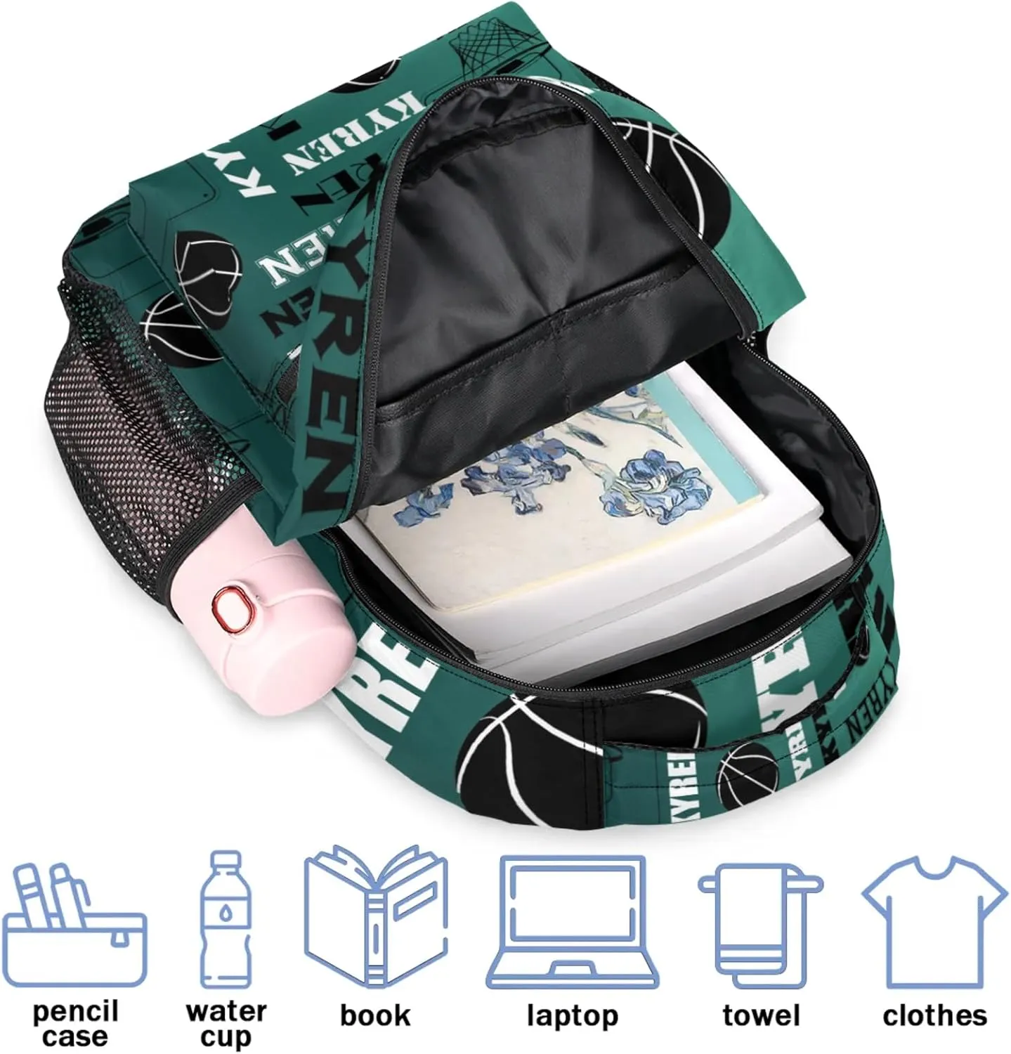 Personalized Basketball Backpack for Men Women, Custom Laptop Backpack with Name, Sports Bag Lightweight Daypack for Travel Camping, Dark Green Blue