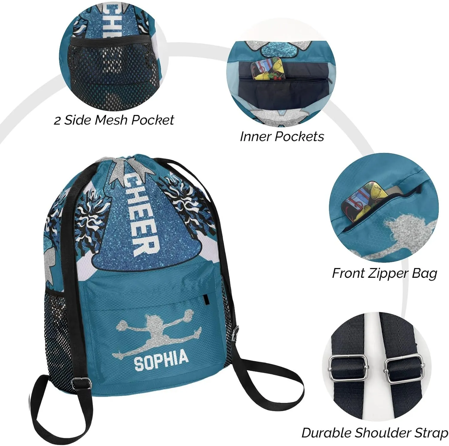 Personalized Drawstring Backpack for Women Men Cheer Navy Blue White Cheerleader Gym String Bag with Side Pocket Sackpack Competition Bag Sport Cinch Sack with Name