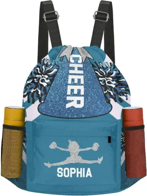 Personalized Drawstring Backpack for Women Men Cheer Navy Blue White Cheerleader Gym String Bag with Side Pocket Sackpack Competition Bag Sport Cinch Sack with Name