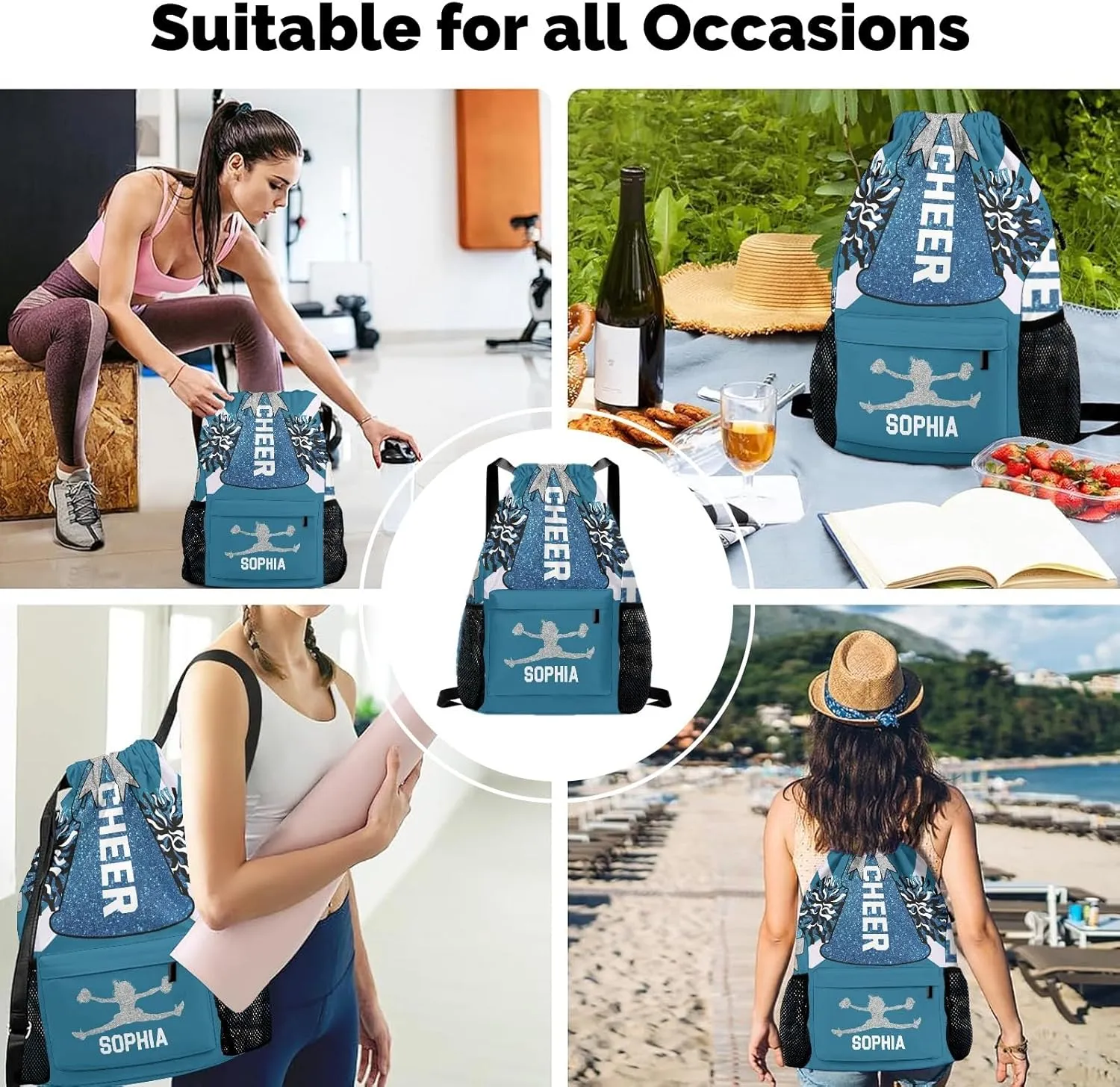 Personalized Drawstring Backpack for Women Men Cheer Navy Blue White Cheerleader Gym String Bag with Side Pocket Sackpack Competition Bag Sport Cinch Sack with Name