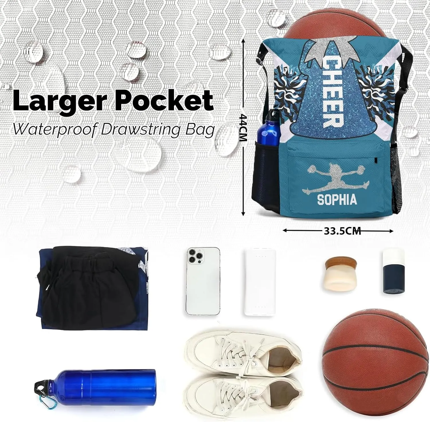 Personalized Drawstring Backpack for Women Men Cheer Navy Blue White Cheerleader Gym String Bag with Side Pocket Sackpack Competition Bag Sport Cinch Sack with Name