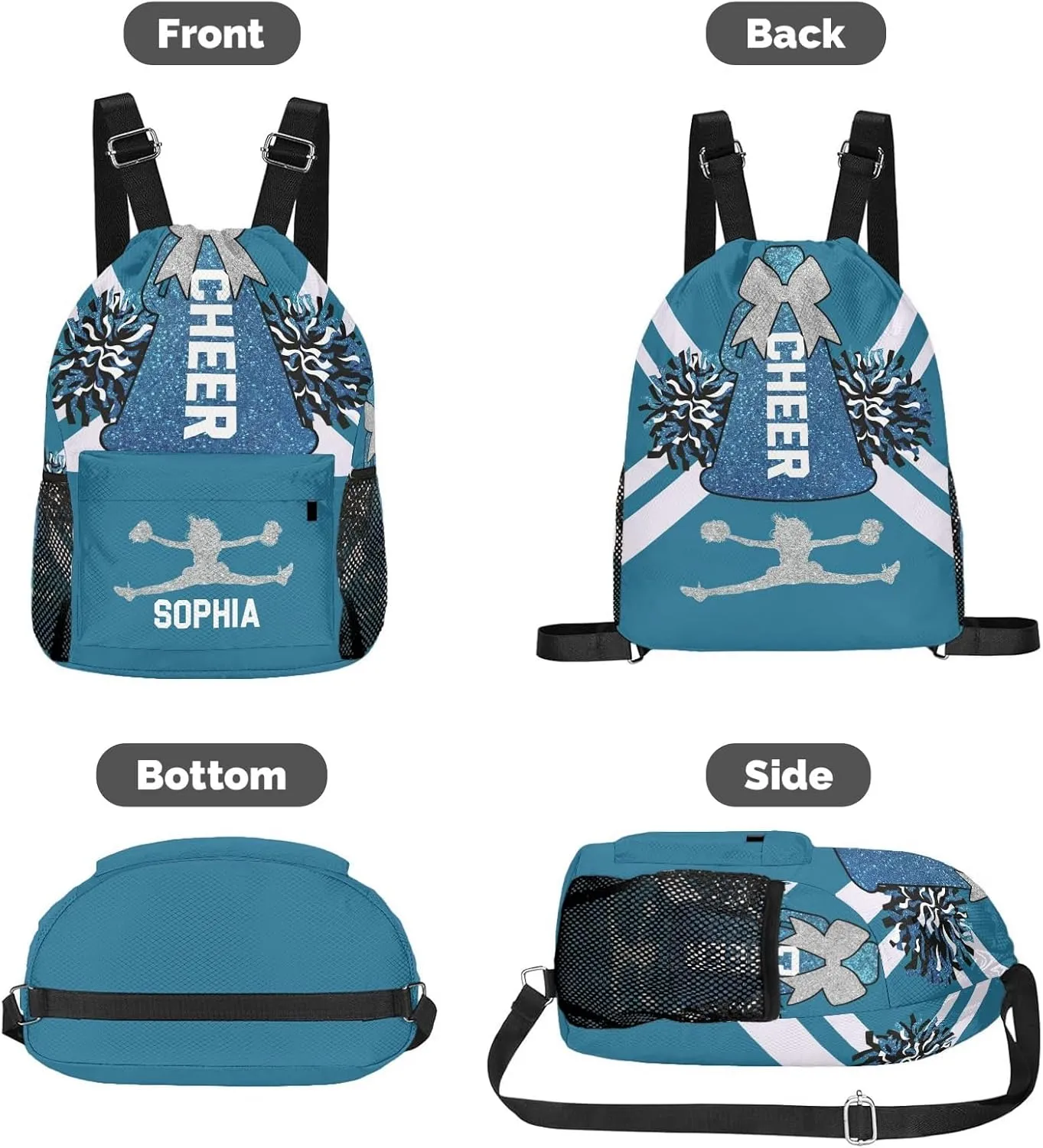 Personalized Drawstring Backpack for Women Men Cheer Navy Blue White Cheerleader Gym String Bag with Side Pocket Sackpack Competition Bag Sport Cinch Sack with Name