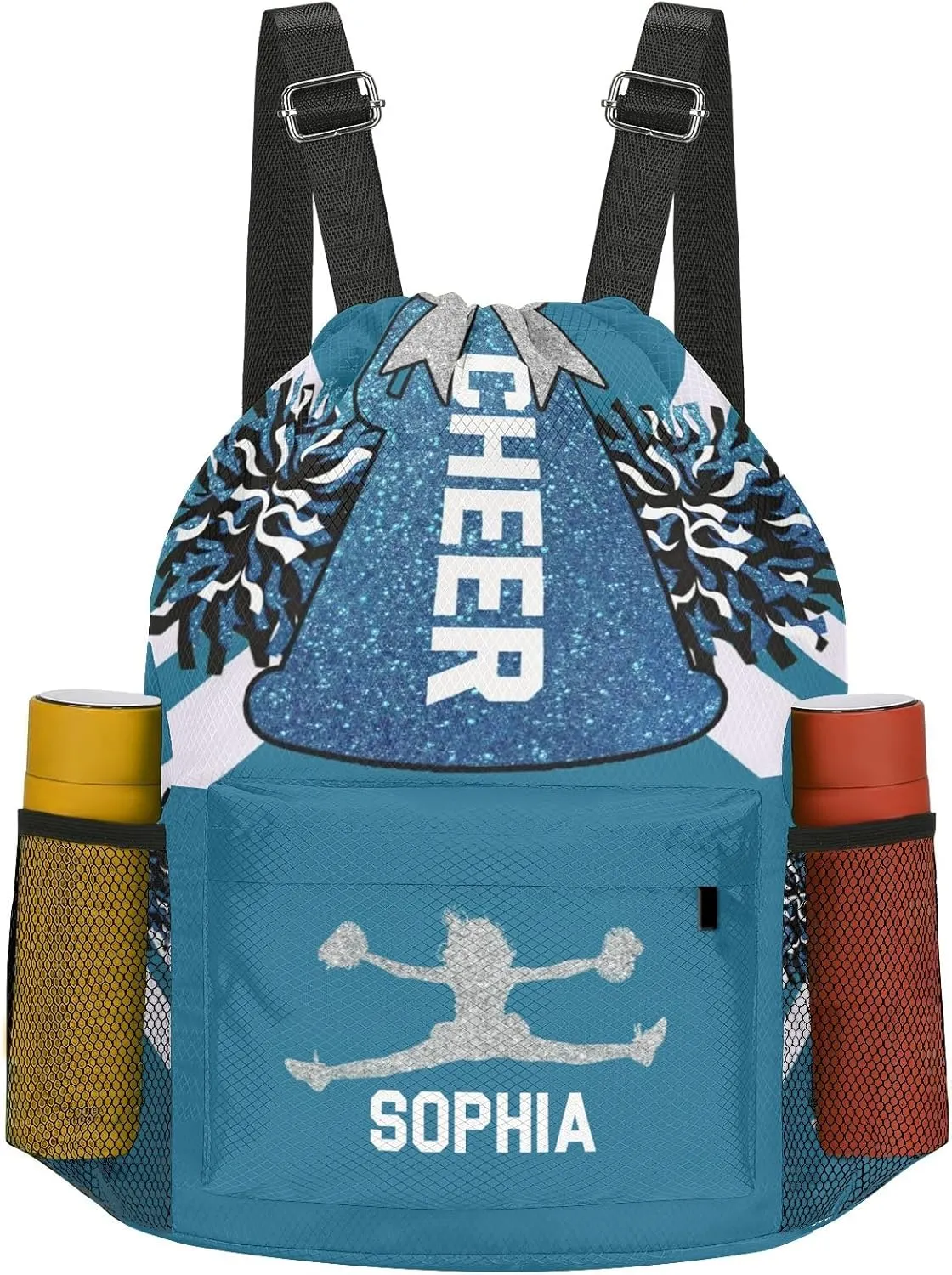 Personalized Drawstring Backpack for Women Men Cheer Navy Blue White Cheerleader Gym String Bag with Side Pocket Sackpack Competition Bag Sport Cinch Sack with Name