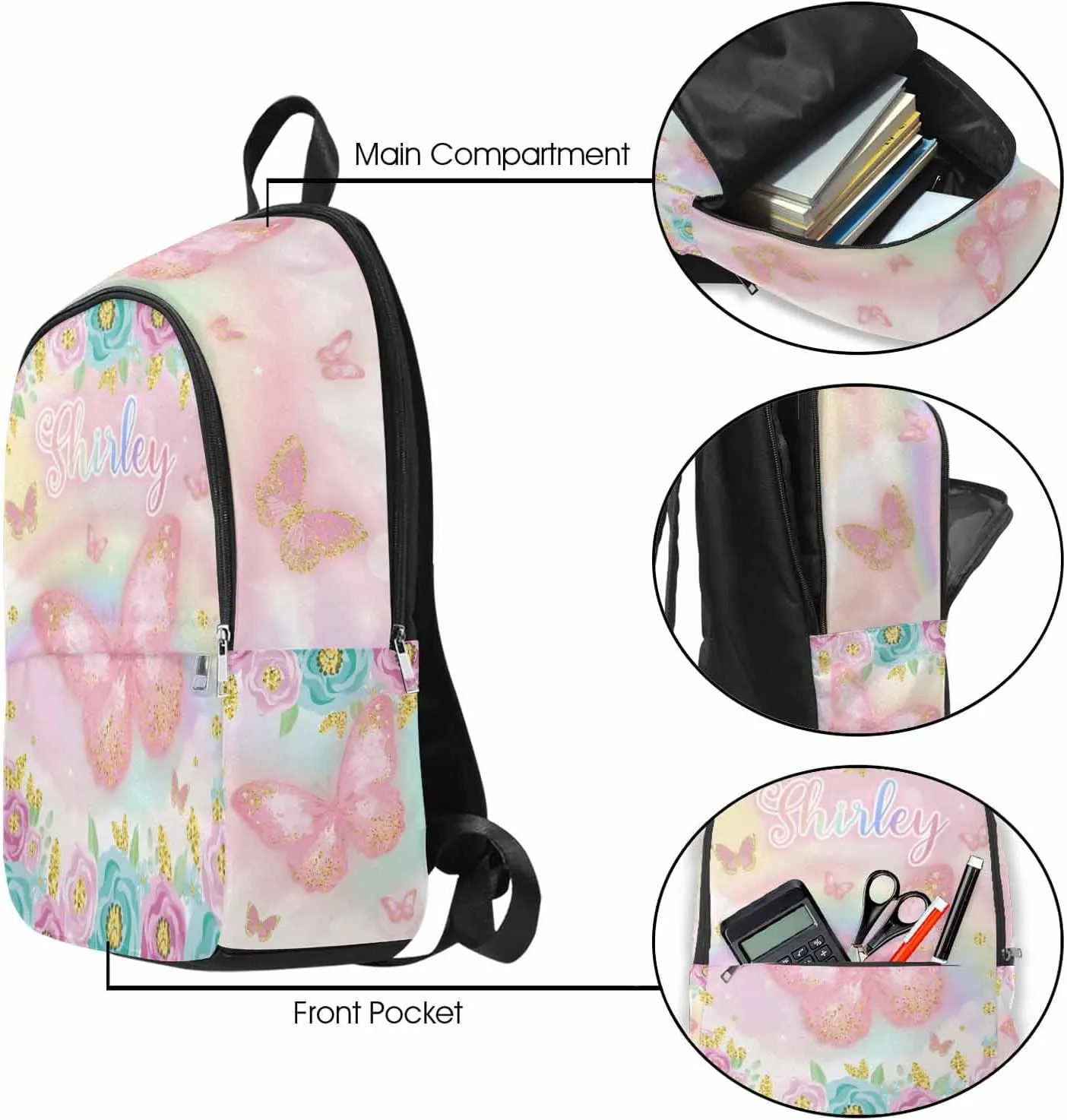Personalized School Backpack for Elementary Boys Girls with Name Rainbow Pink Butterfly Flowers Waterproof Custom Bookbag for Daughter Son Fashion Unique Customized Gift Book Bag Back Pack