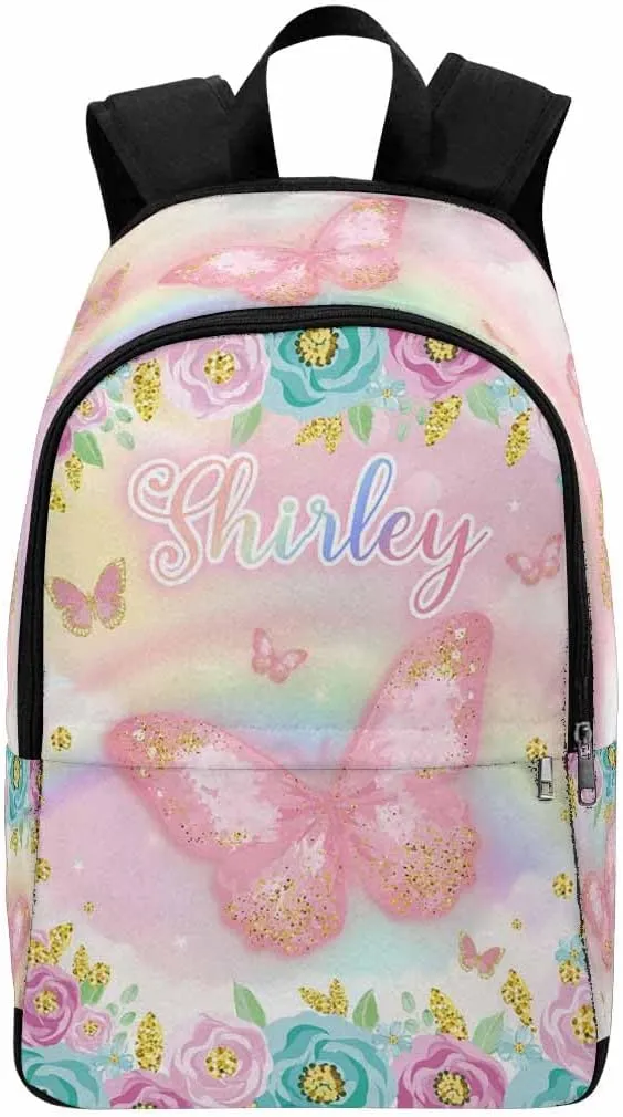 Personalized School Backpack for Elementary Boys Girls with Name Rainbow Pink Butterfly Flowers Waterproof Custom Bookbag for Daughter Son Fashion Unique Customized Gift Book Bag Back Pack