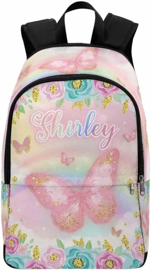 Personalized School Backpack for Elementary Boys Girls with Name Rainbow Pink Butterfly Flowers Waterproof Custom Bookbag for Daughter Son Fashion Unique Customized Gift Book Bag Back Pack