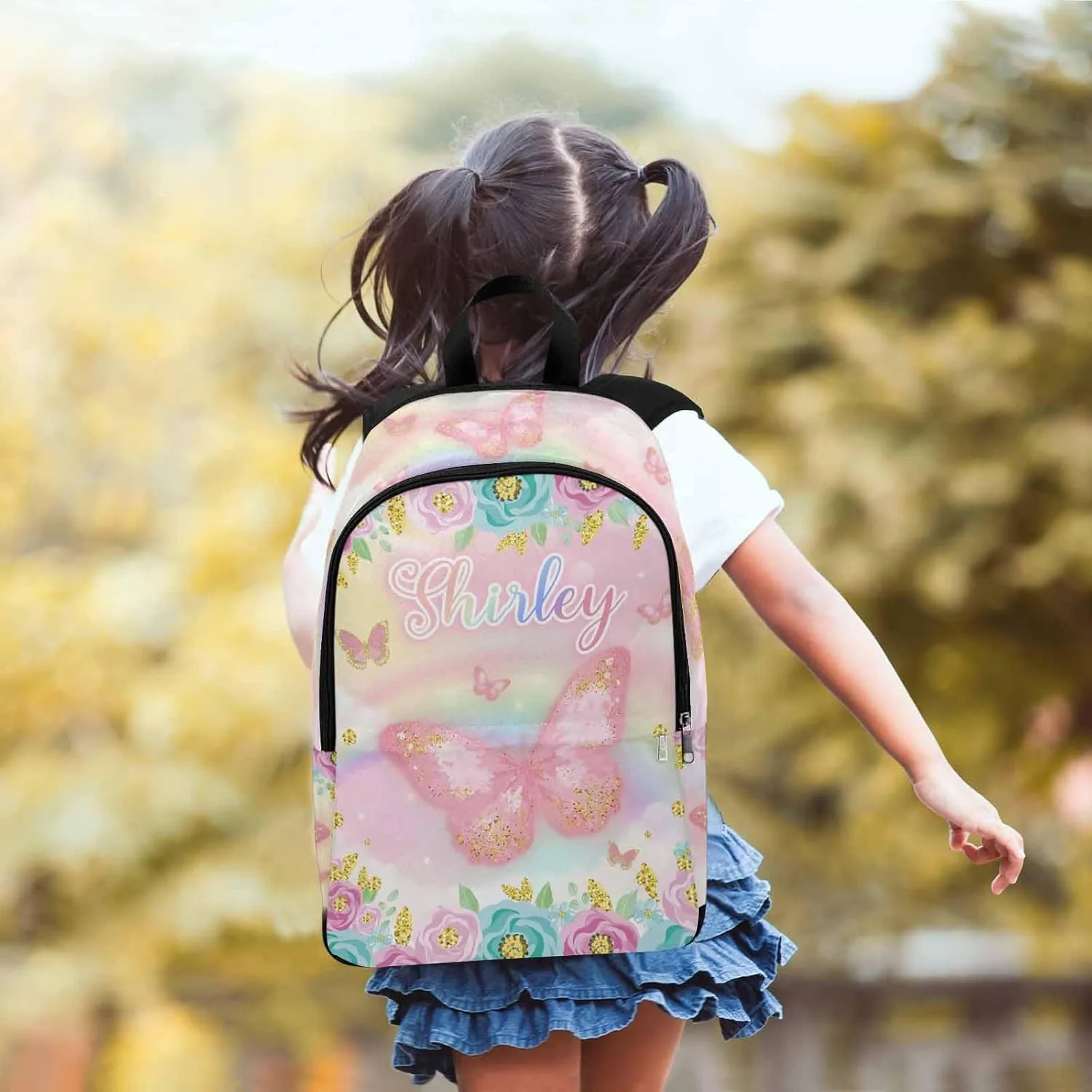 Personalized School Backpack for Elementary Boys Girls with Name Rainbow Pink Butterfly Flowers Waterproof Custom Bookbag for Daughter Son Fashion Unique Customized Gift Book Bag Back Pack