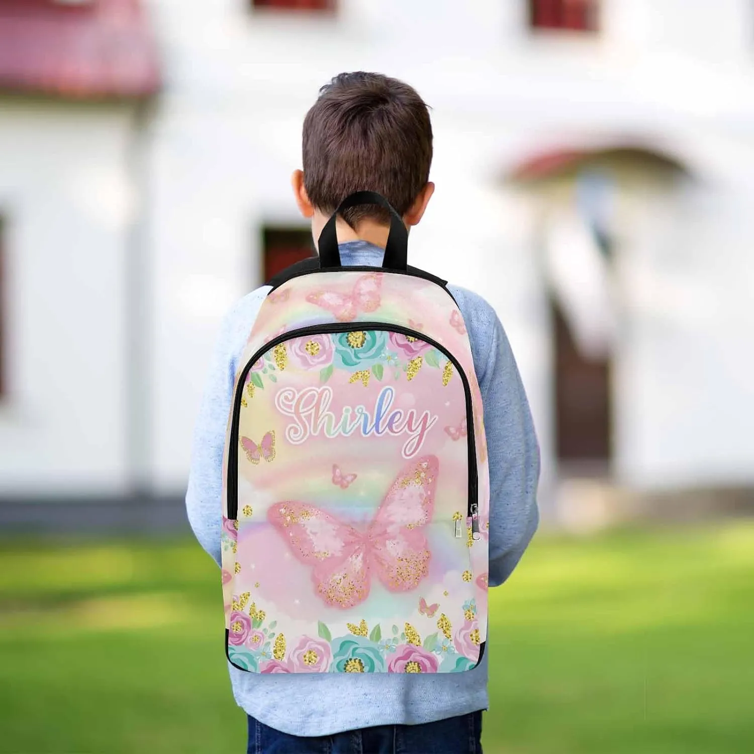 Personalized School Backpack for Elementary Boys Girls with Name Rainbow Pink Butterfly Flowers Waterproof Custom Bookbag for Daughter Son Fashion Unique Customized Gift Book Bag Back Pack