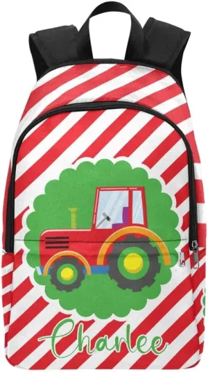 Personalized Tractor Red Stripes Backpack with Name Custom Travel Daypack Bag for Man Woman Gifts