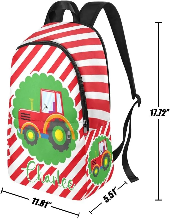 Personalized Tractor Red Stripes Backpack with Name Custom Travel Daypack Bag for Man Woman Gifts