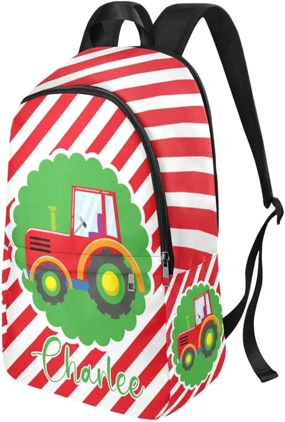 Personalized Tractor Red Stripes Backpack with Name Custom Travel Daypack Bag for Man Woman Gifts