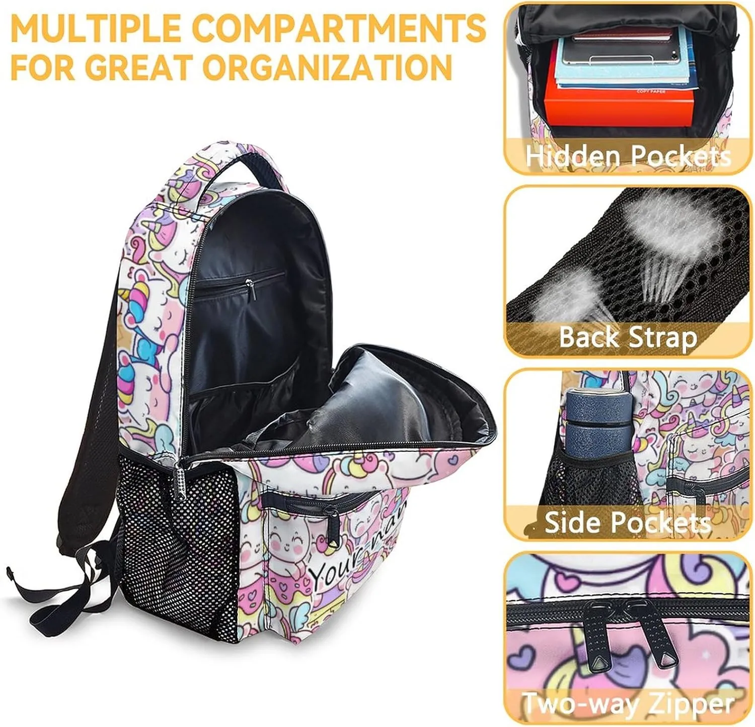Personalized Unicorn Backpacks for Girls Boys, 16 Inch Cute Backpack for School, Pink, Large Capacity, Durable, Lightweight Bookbag for Kids Travel