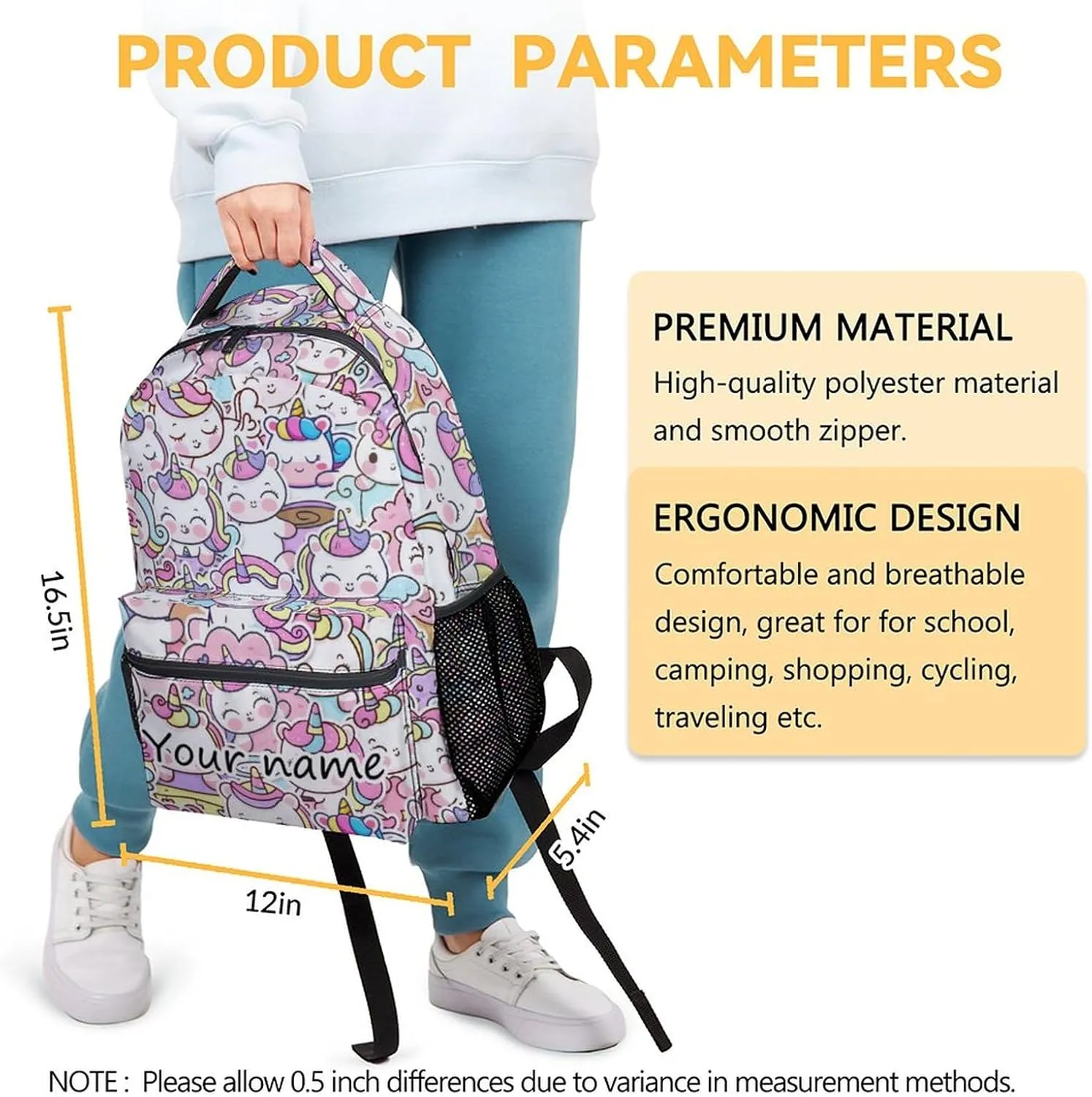 Personalized Unicorn Backpacks for Girls Boys, 16 Inch Cute Backpack for School, Pink, Large Capacity, Durable, Lightweight Bookbag for Kids Travel