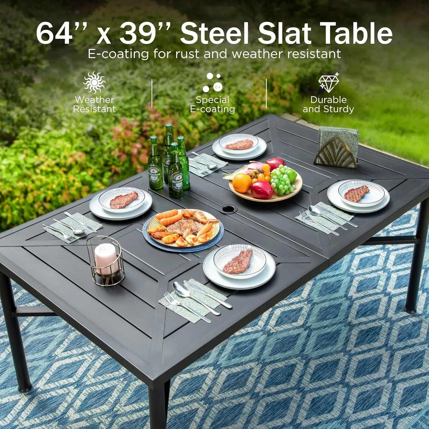 PHI VILLA 7 Piece Patio Dining Set, 6 Outdoor Swivel Dining Chairs with Blue Padded Textilene and 1 Large Metal Table(1.7''Umbrella Hole), Outdoor Dining Furniture Set for Lawn Garden Deck