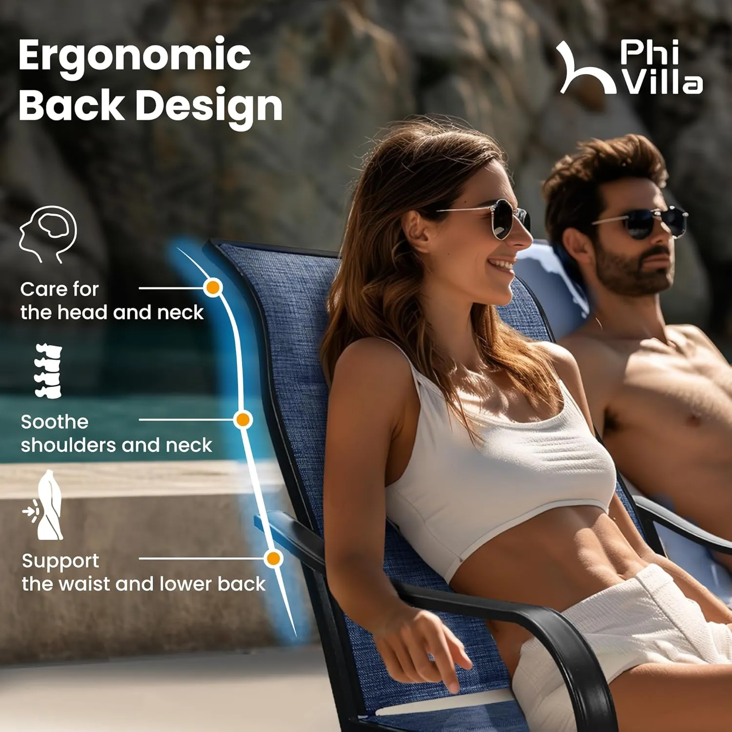 PHI VILLA 7 Piece Patio Dining Set, 6 Outdoor Swivel Dining Chairs with Blue Padded Textilene and 1 Large Metal Table(1.7''Umbrella Hole), Outdoor Dining Furniture Set for Lawn Garden Deck