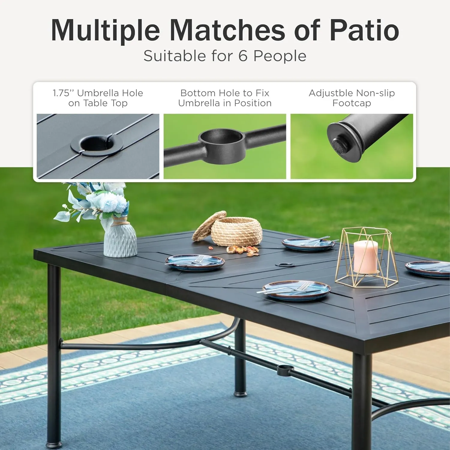 PHI VILLA 7 Piece Patio Dining Set, 6 Outdoor Swivel Dining Chairs with Blue Padded Textilene and 1 Large Metal Table(1.7''Umbrella Hole), Outdoor Dining Furniture Set for Lawn Garden Deck