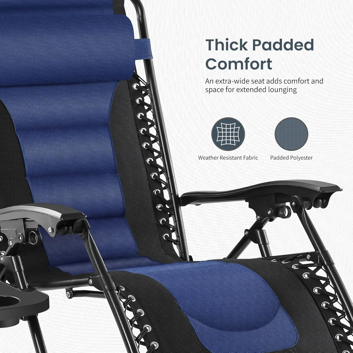 PHI VILLA Oversized Padded Zero Gravity Lounge Chair Folding Patio Recliner with Adjustable Headrest & Cup Holder, Support 350 LBS (Blue)