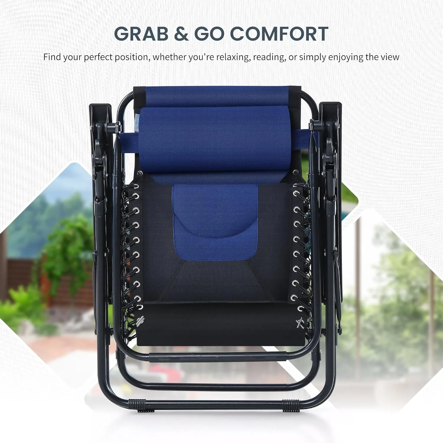 PHI VILLA Oversized Padded Zero Gravity Lounge Chair Folding Patio Recliner with Adjustable Headrest & Cup Holder, Support 350 LBS (Blue)