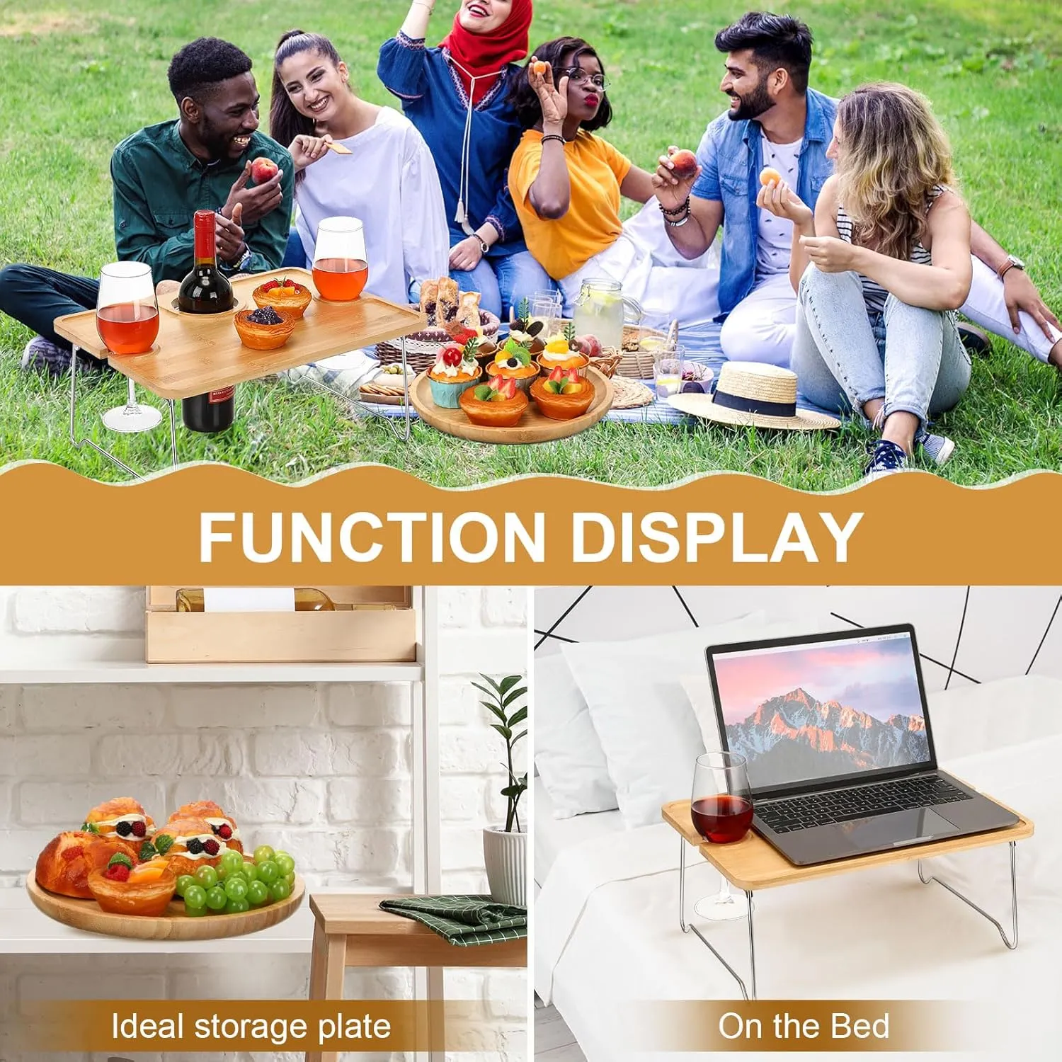 Picnic Foldable Wine Table with Bamboo Plate Kit, Handmade Handle Portable Bamboo Tray Table with Food Plate for 2 Outdoor Camping Picnic Wine Set Gift for Couples