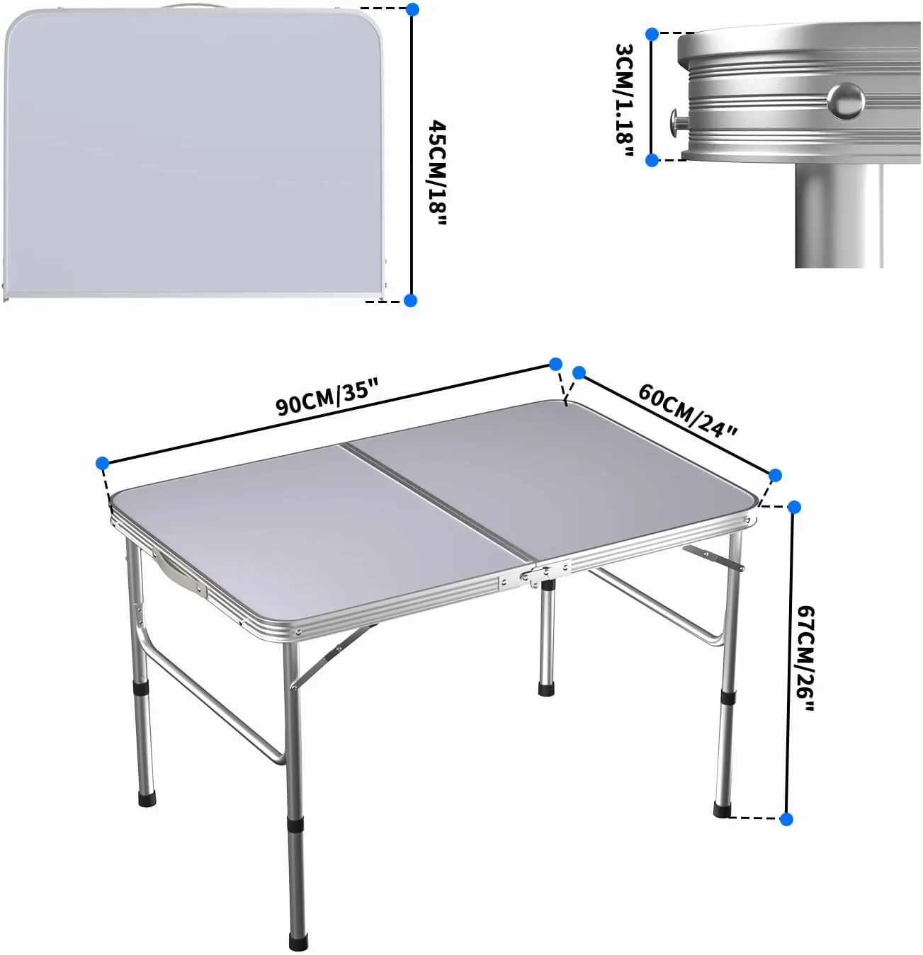 Picnic Tables Folding 3ft, Folding Aluminum Camping Table, Camping Tables That Fold Up, Compact Garden Table with Carry Hand for Indoor Outdoor Picnic Camp Backyard BBQ, White, 35.4 * 23.6 * 26.4inch