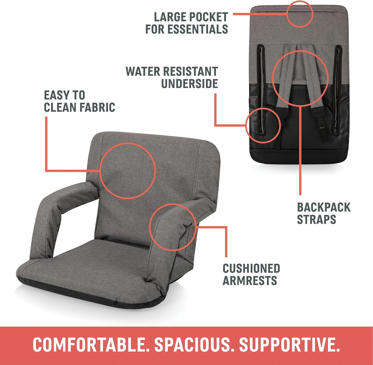 PICNIC TIME ONIVA - a Brand Ventura Reclining Stadium Seat with Back Support - Bleacher Seat - Beach Floor Chair, (Lime Green)
