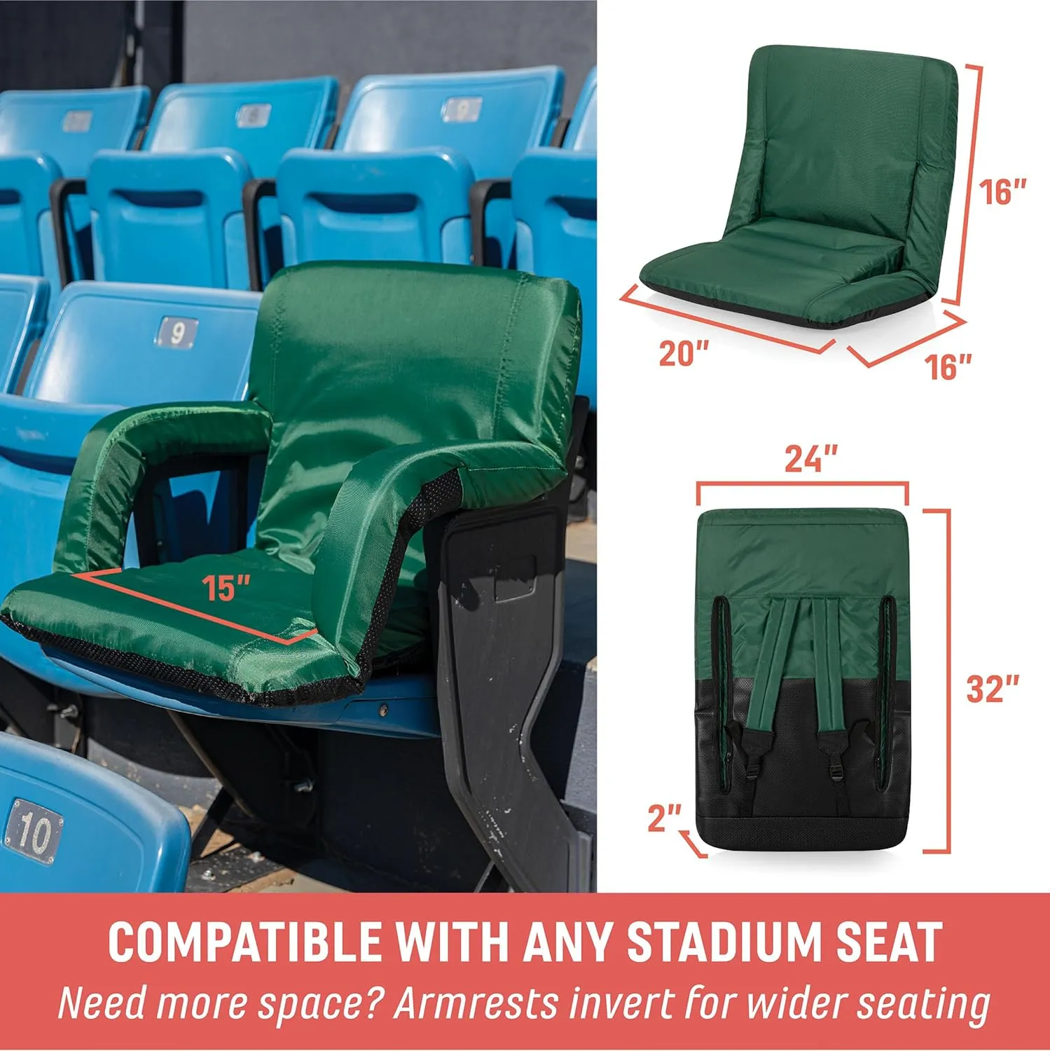 PICNIC TIME ONIVA - a Brand Ventura Reclining Stadium Seat with Back Support - Bleacher Seat - Beach Floor Chair, (Lime Green)
