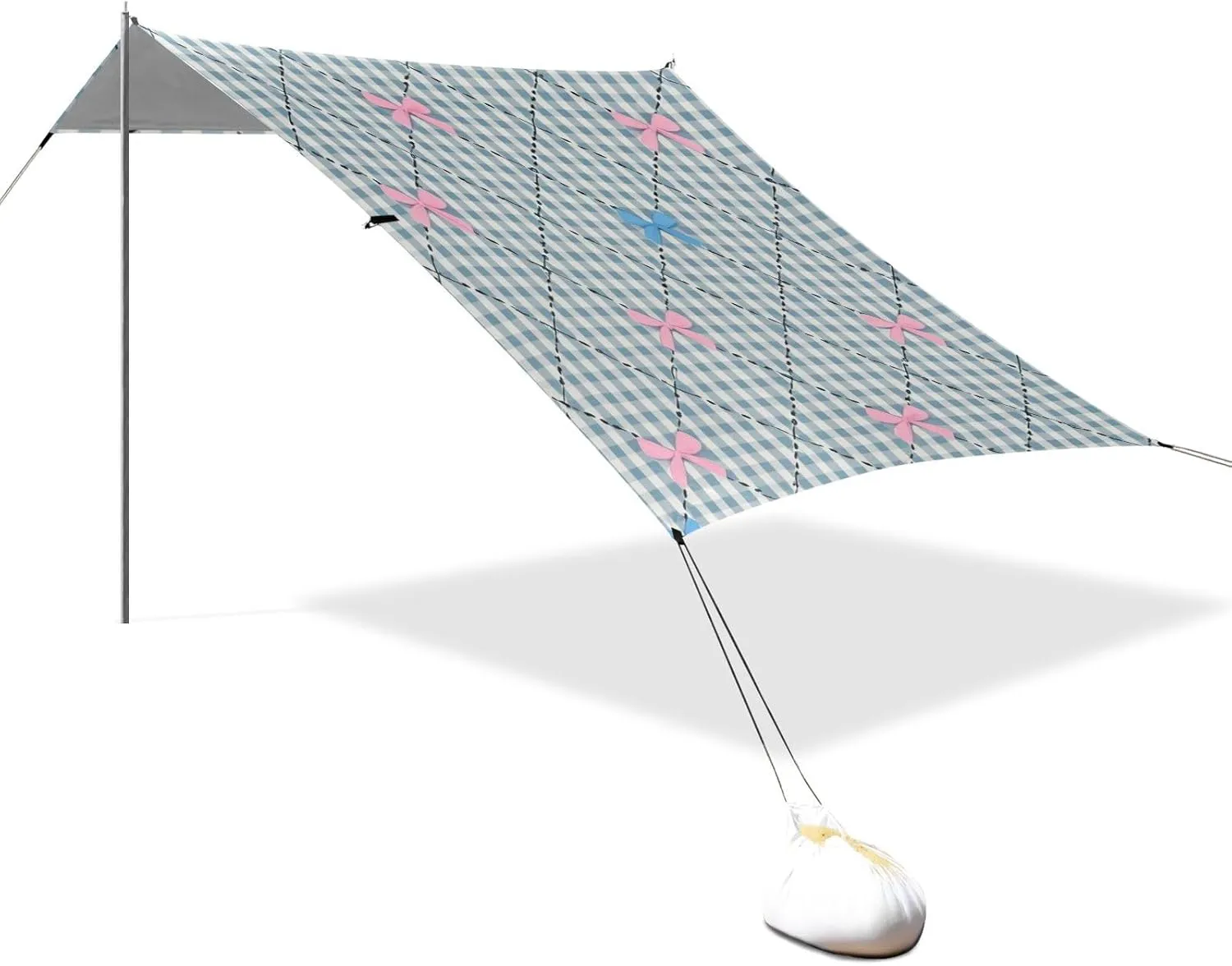 Pink Blue Bow Check Designed UPF50 Foldable Beach Tent Water-Resistant Sun Shade with Sand Shovel, Sandbags for Backyard and Camping accesorios para Playa