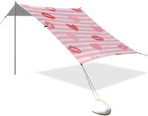 Pink White Stripes Heart Lip Love Designed UPF50  Stable Beach Tent Lightweight Large Sun Shelter with Sturdy Poles, Sandbags and Shovel for Family Trips, Picnics & Camping carpas para la